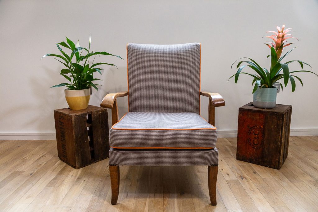 parker knoll chair and housetooth orange piping